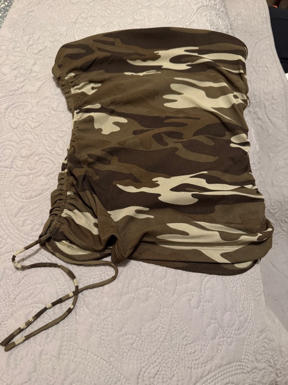 Express Camo Strapless Ruched Crop Top in Olive and Beige